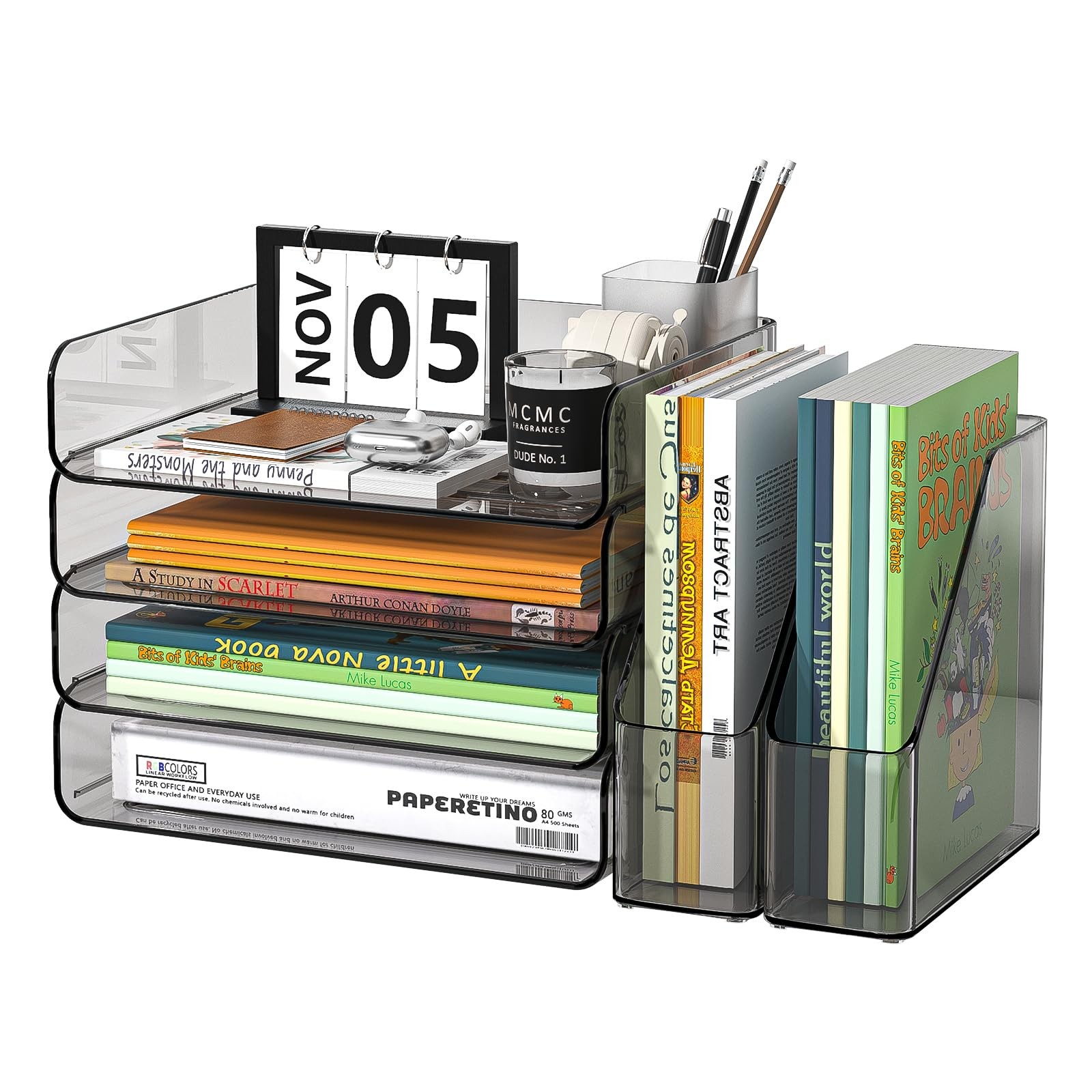 4-Tier Brown Acrylic Paper Tray Organizer with Bookends, Large Clear Stackabl…