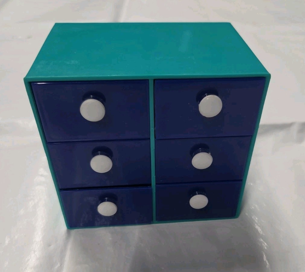 Vintage Blue Plastic Desk Organizer with Drawers