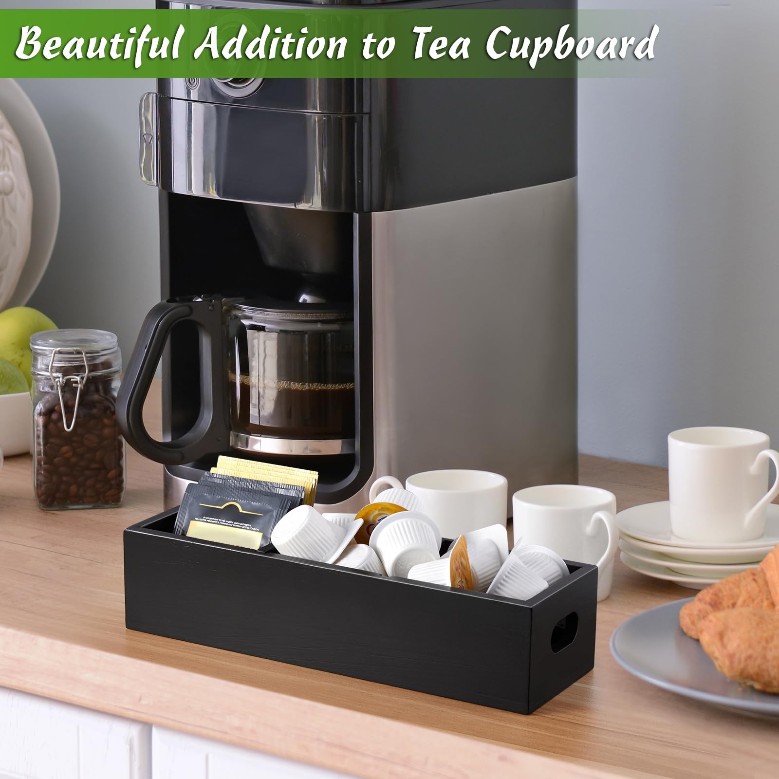 DRASTAR Tea Bag Organizer, Black Wooden Holder, 3 Slots,
