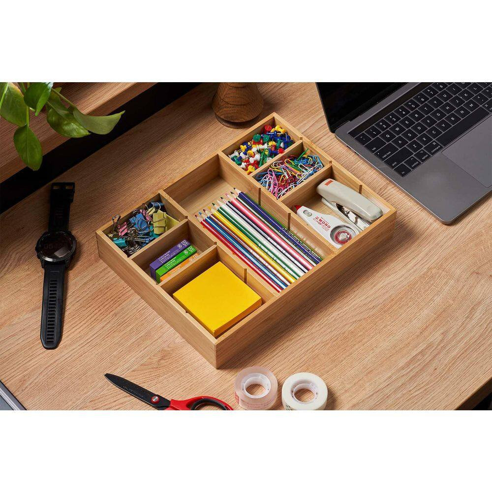 Natural Bamboo Desk Drawer Organizer with Adjustable Compartments, Office Storag