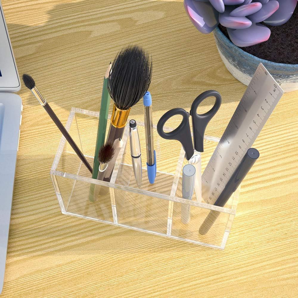 Acrylic Pen Holder 3 Compartments, Clear Pencil Organizer Cup for Countertop Des