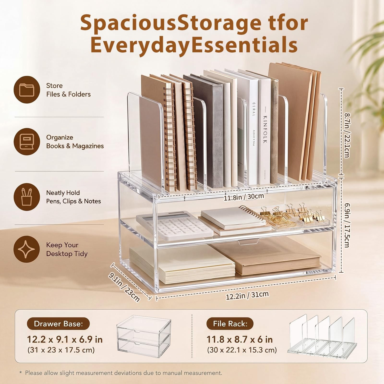 Acrylic Desk Organizer with 2 Drawers, Vertical File Holder with 5 Detachable…