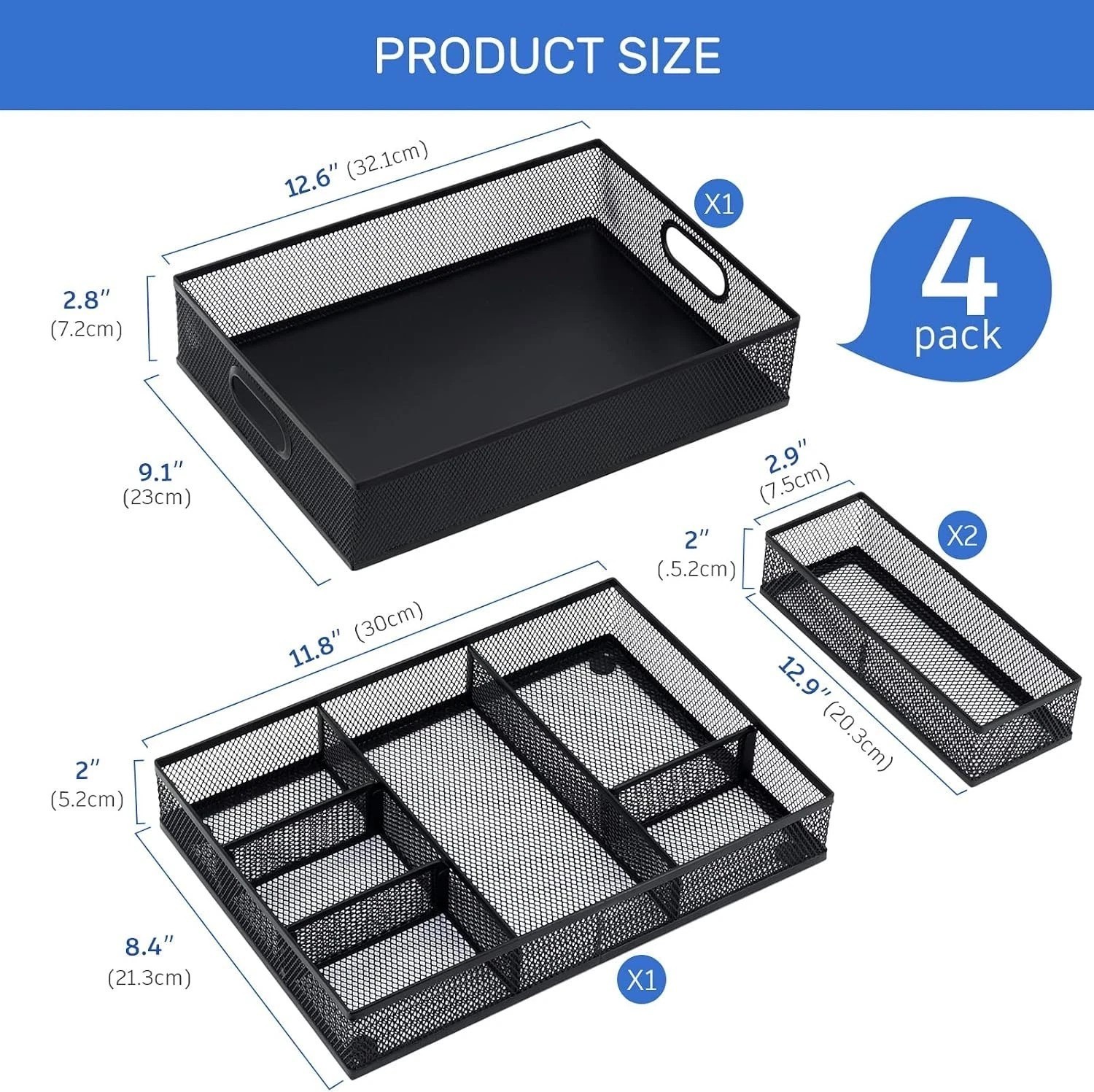 Professional 4 Pack Drawer Organizers with Adjustable Sections for Office Use