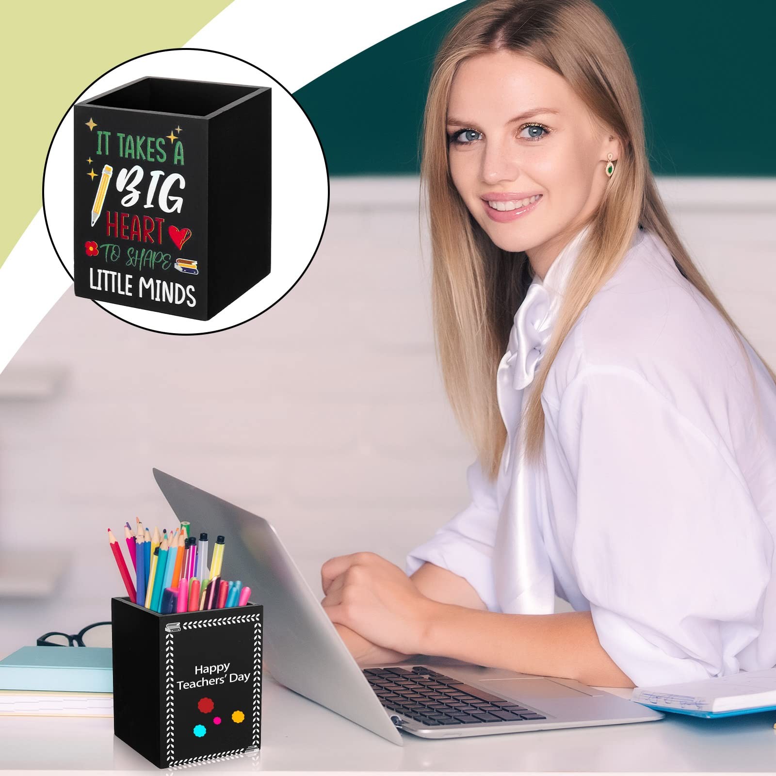 Teling 2 Pcs Teacher Wooden Pencil Holder for Desk Desktop Organize Black
