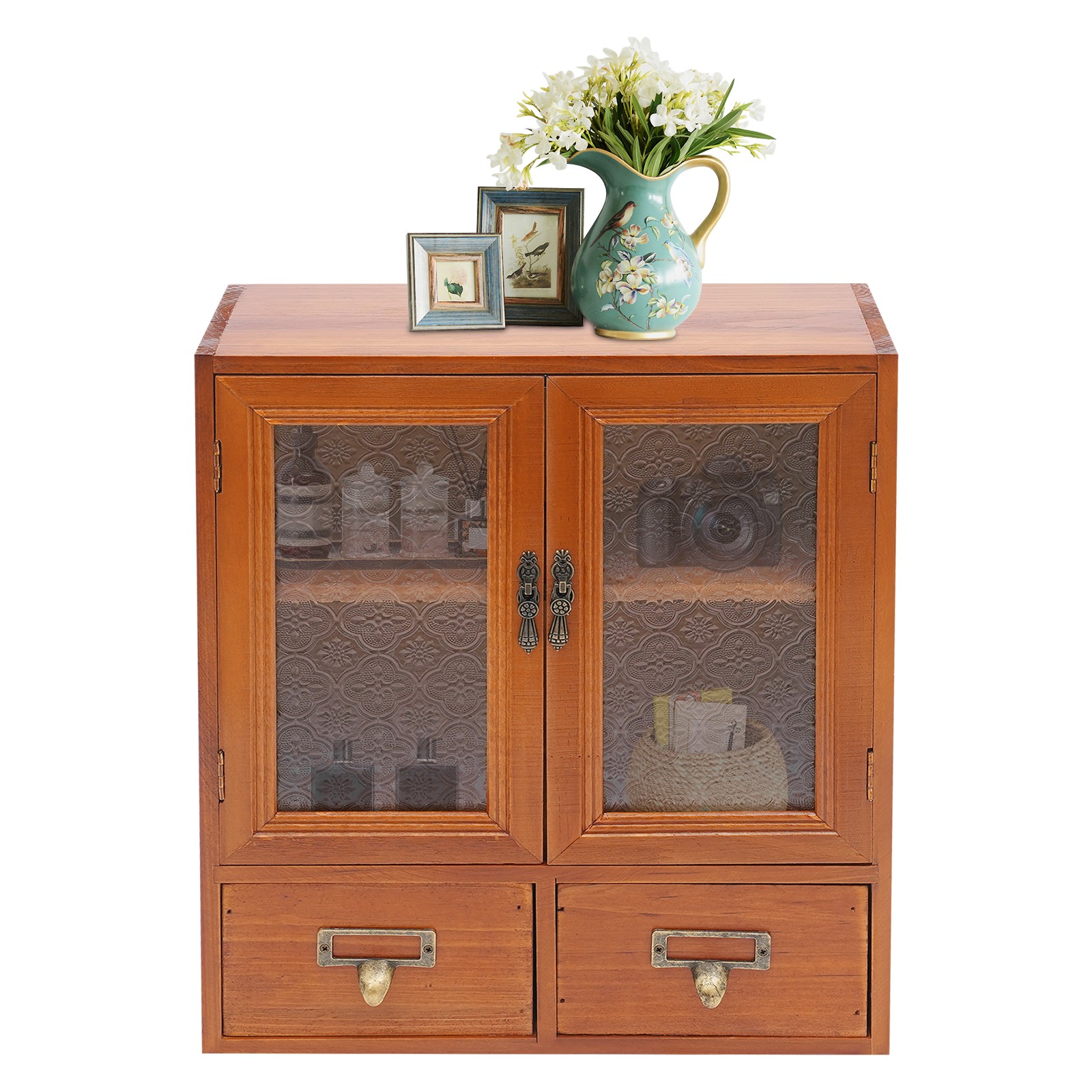 Vintage Tabletop Organizer with 2 Drawers & Glass Door Storage Cabinet Brown
