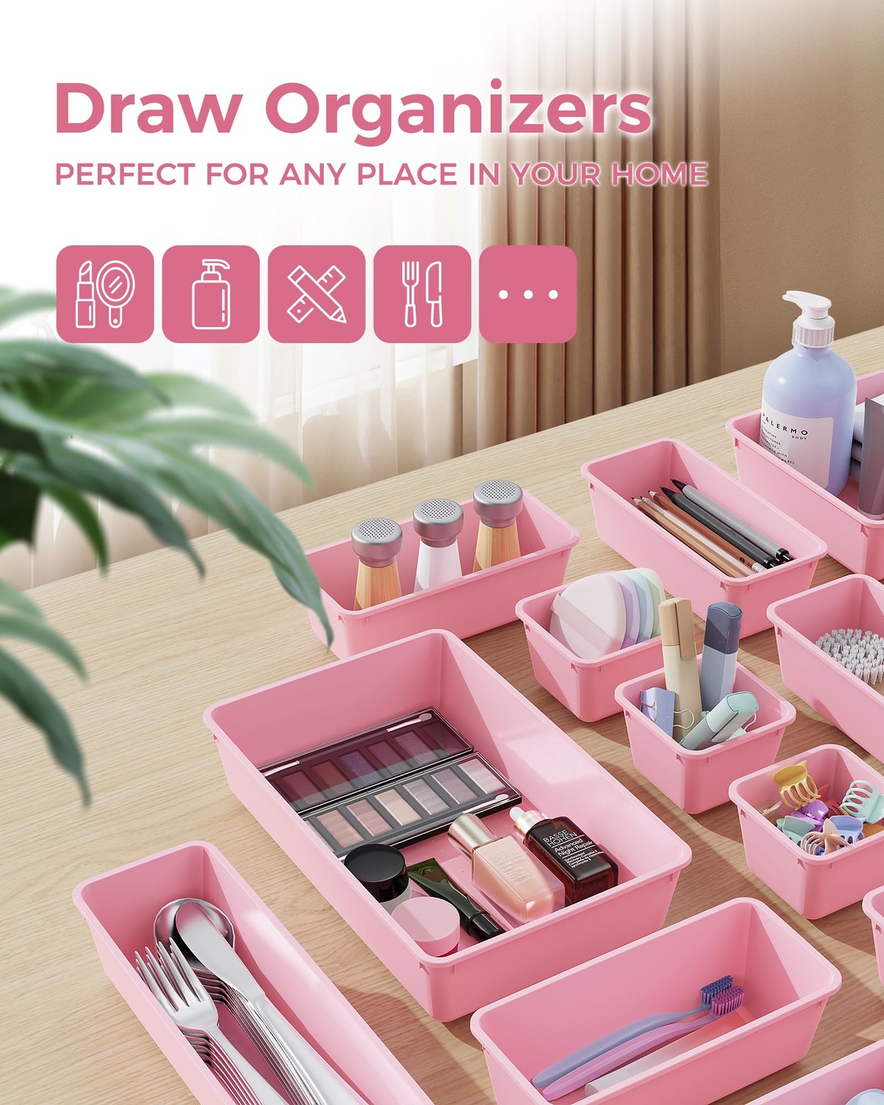 BiuLeon 25 PCS Plastic Drawer Organizers Set, 4-Sizes Vanity and Makeup Pink