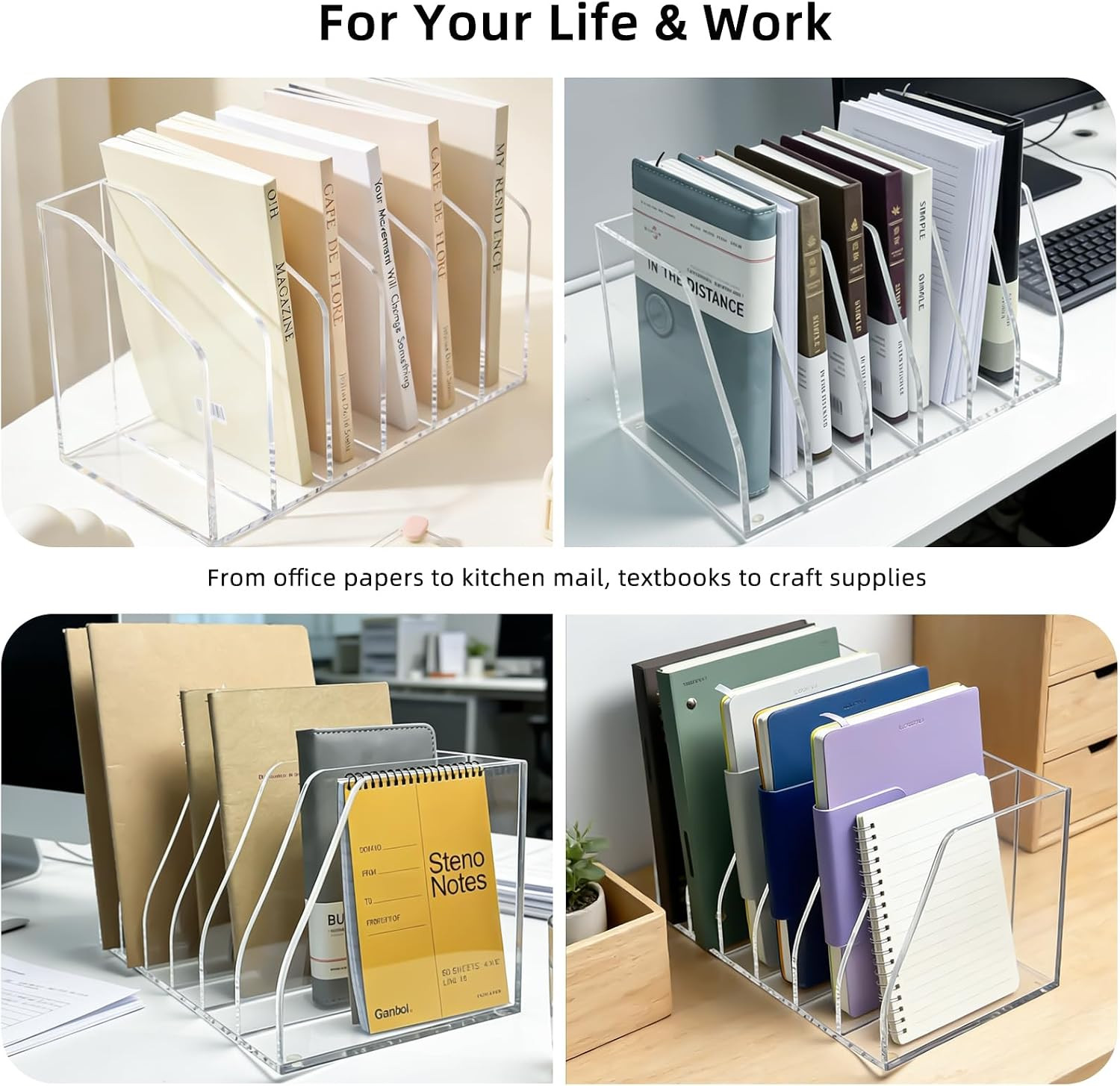 Acrylic Magazine File Holder, 6 Vertical Compartments Desk Document Sorter Organ