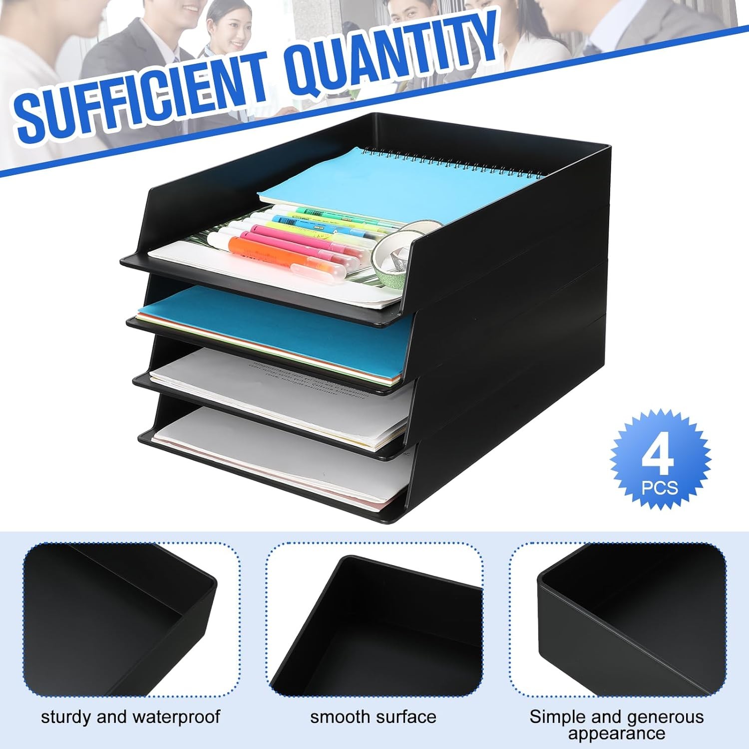 4 Pcs Stackable Paper Trays Rectangular Plastic Desk Tray Holder Desktop 4