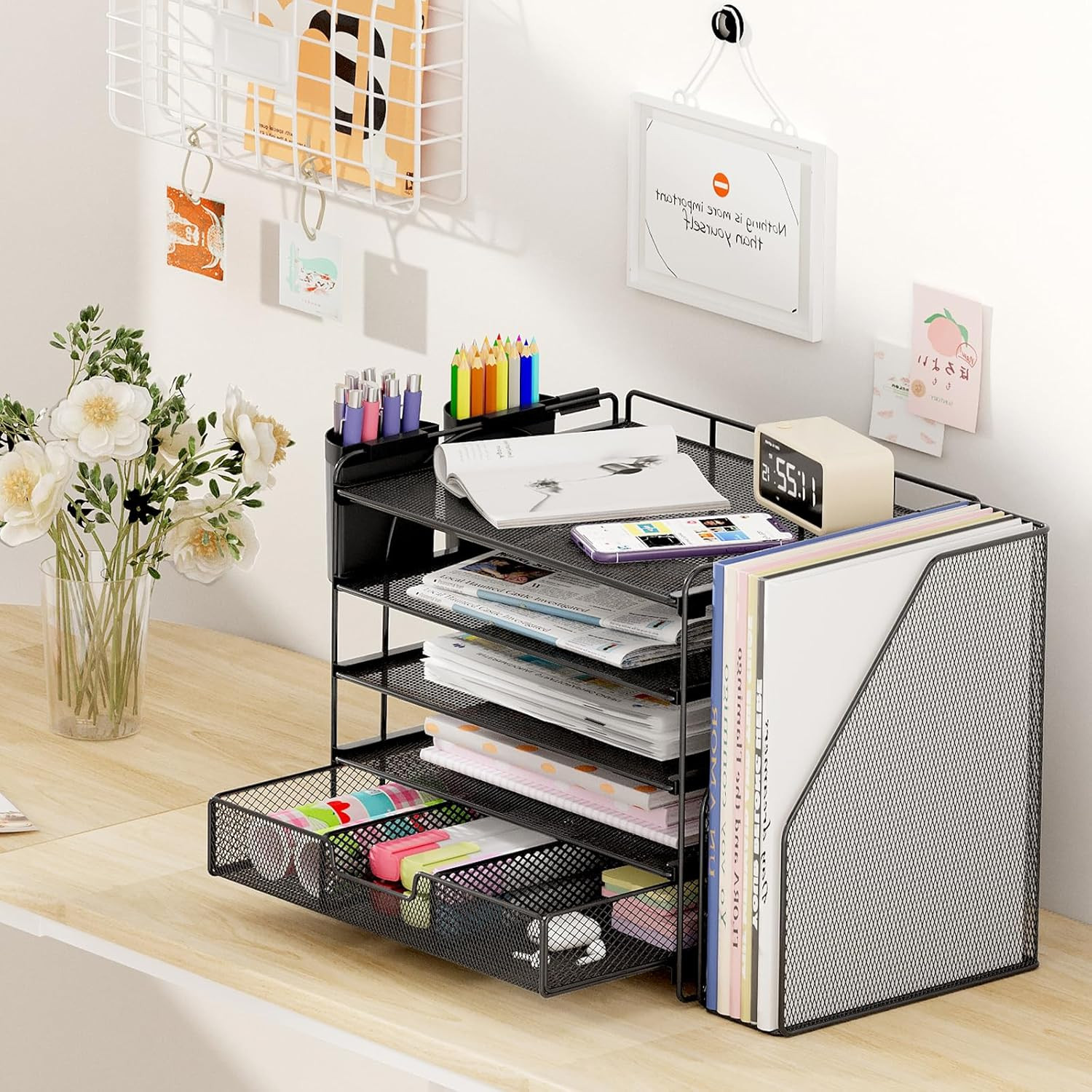 Desk Organizer, 5-Tier Paper File Organizer with Drawer & Pen Holder, Office Des
