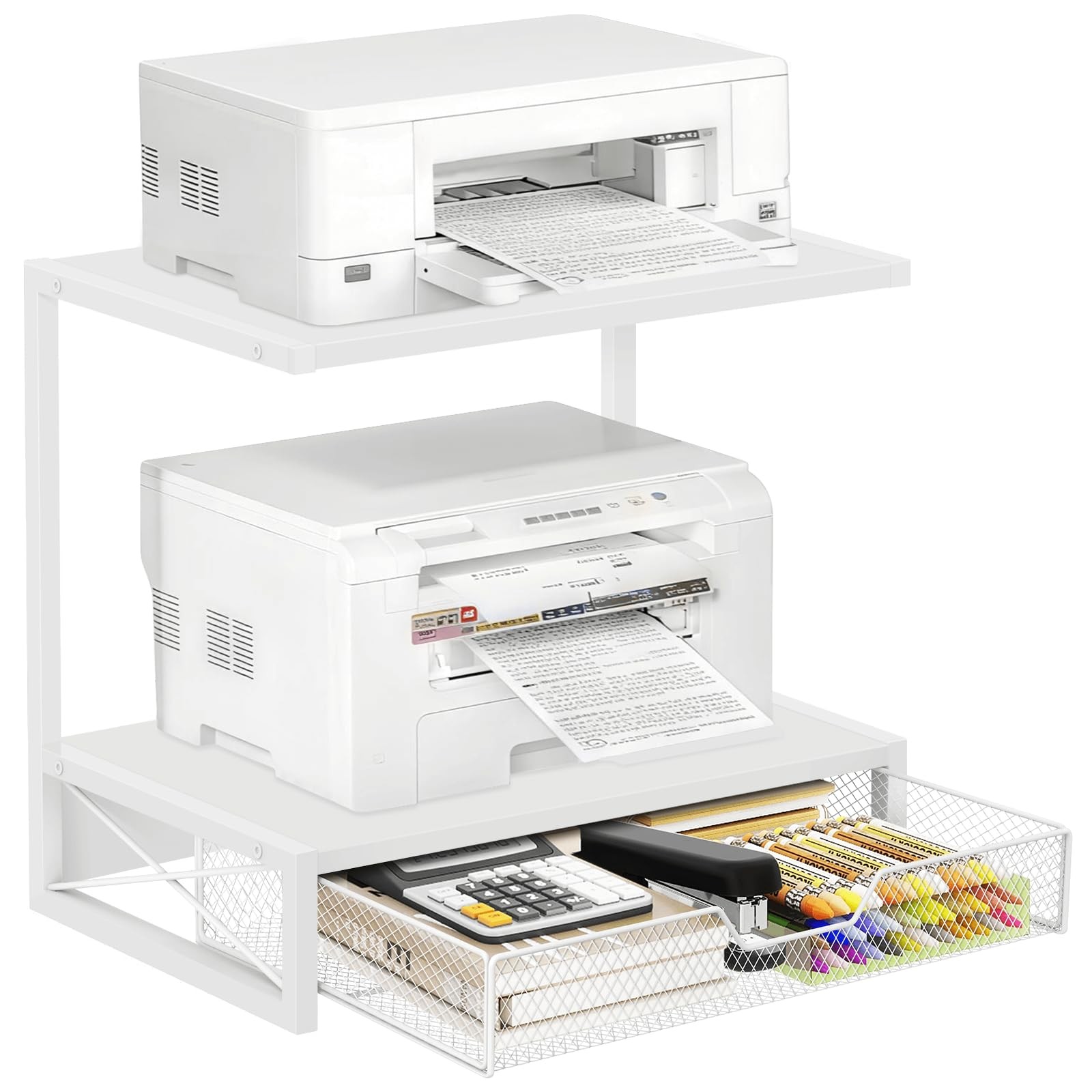 ELITEROO Printer Stand for Desk with Storage Drawer, 2 Tier White Drawer