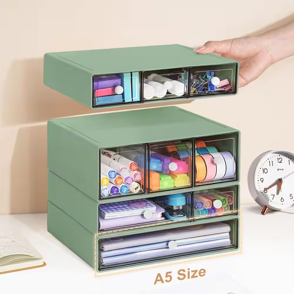 1 Pack 4-Tier Green Clear Drawer Stackable Desk Organizer Minimalist Design Offi