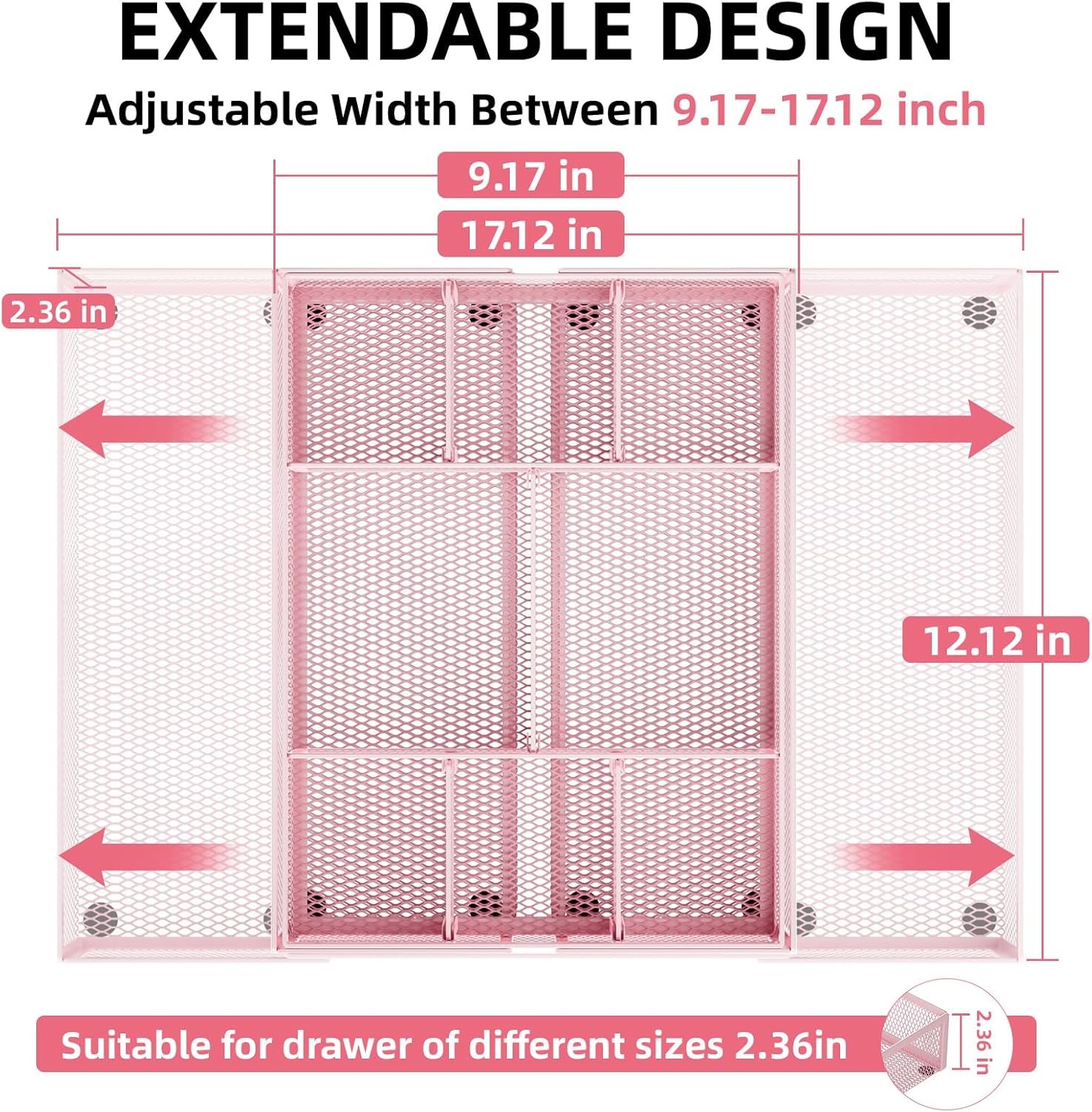 Expandable Desk Drawer Organizer,Mesh Tray w/ 10 Adjustable Compartment Organize