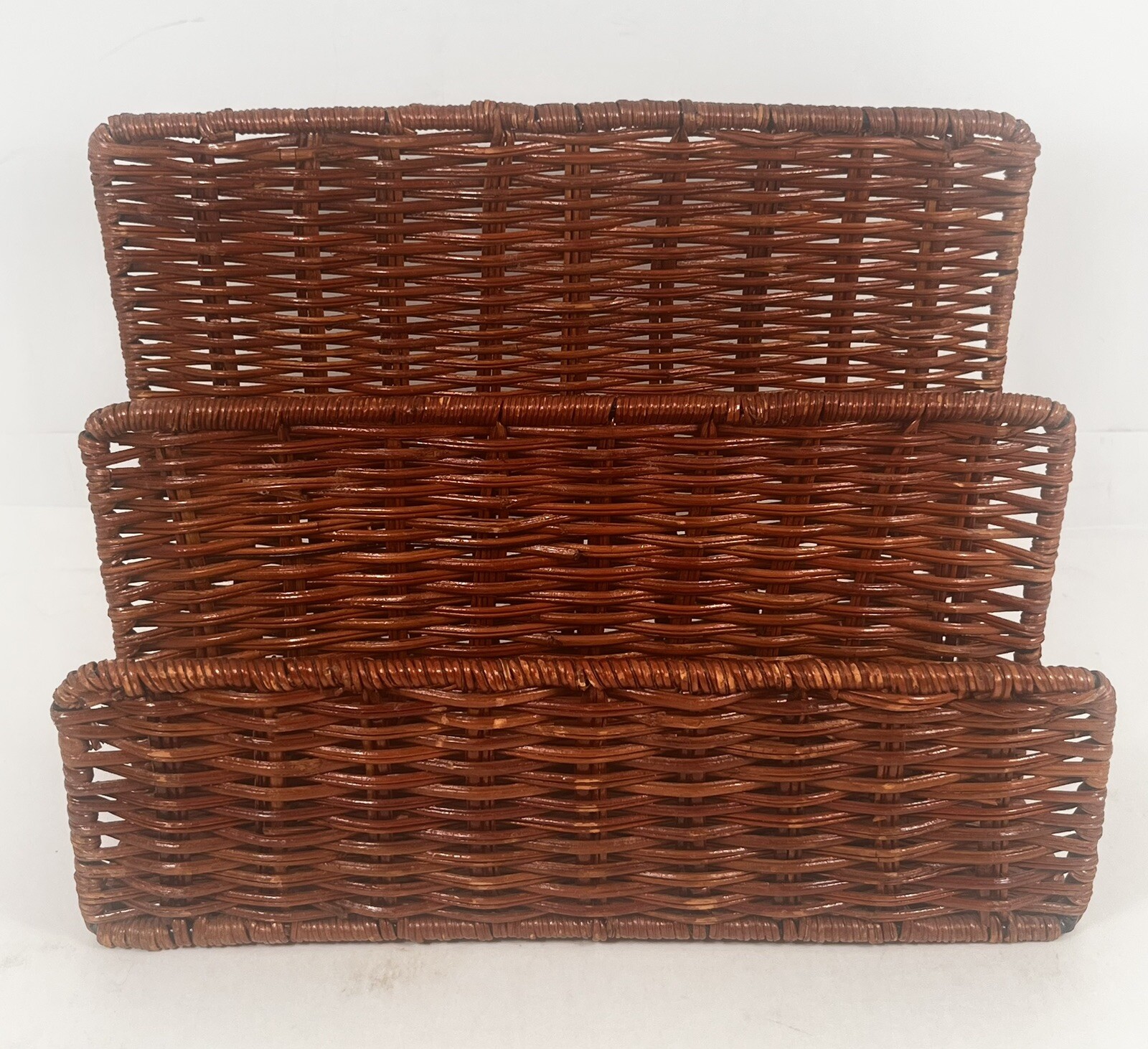 Vintage Woven Rattan Wicker 3 Compartment Letter Holder 7”x 9 1/4”