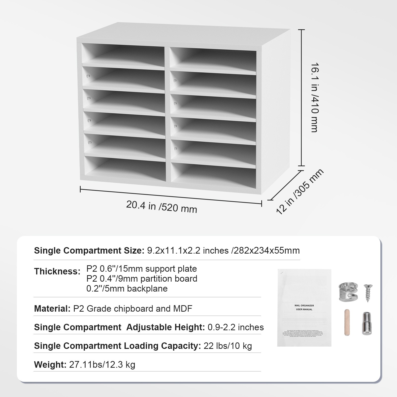 Uimoso Wood Literature Organizer Adjustable File Sorter 12 Compartments White