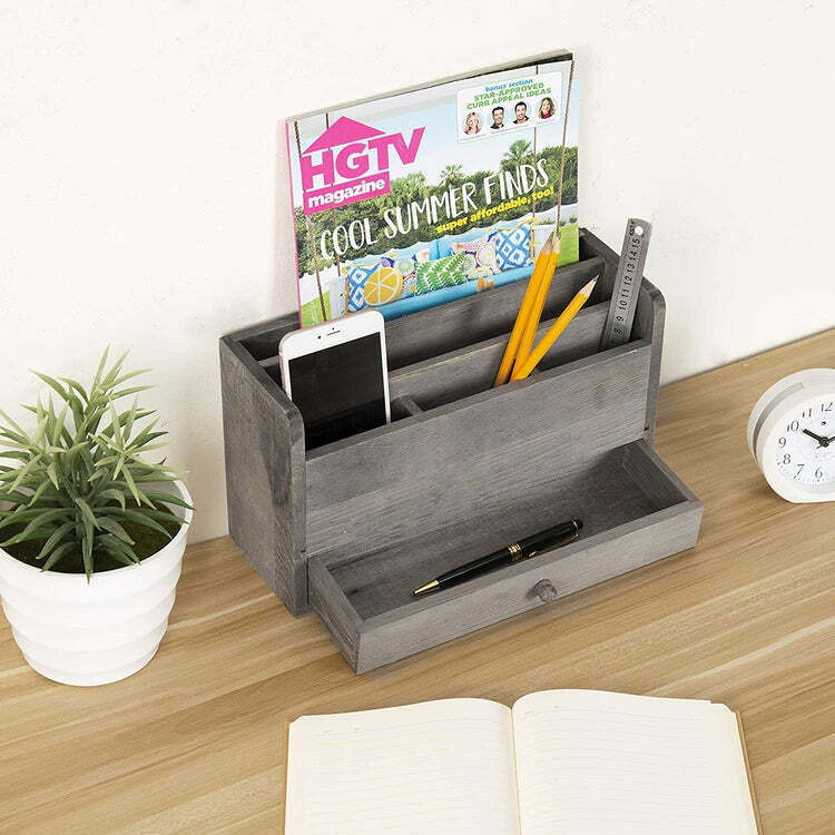 Wood Office Desk Organizer – Rustic Gray Desktop Document and Stationery Holder