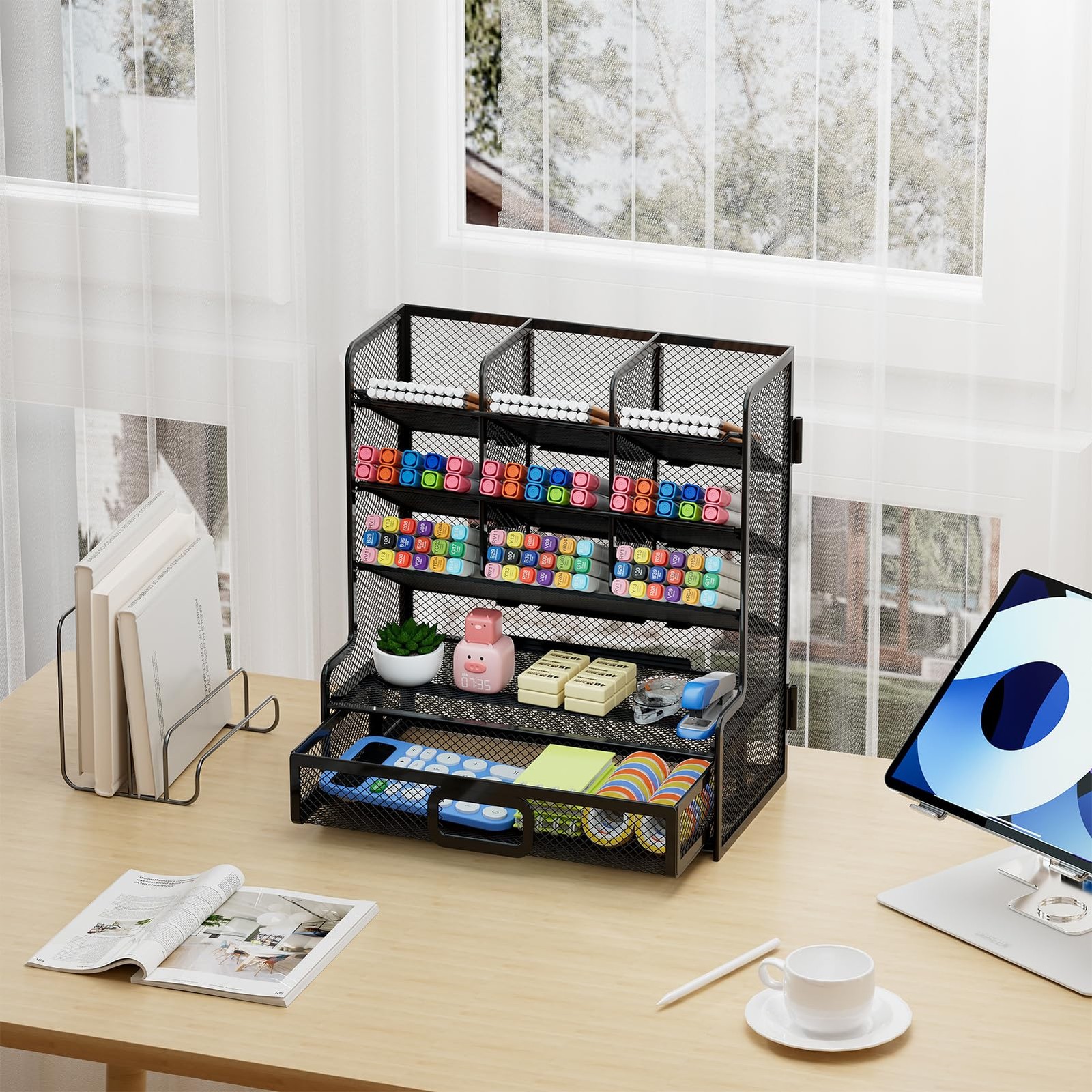 Larger Mesh Desk Organizer with Drawer, Multi-Functional Pen Pencil Holder, E