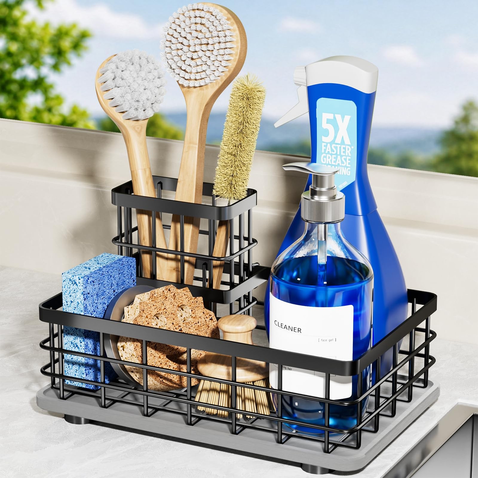 Extra Large Kitchen Sink Caddy Organizer, Stainless Steel Sponge Large, Black