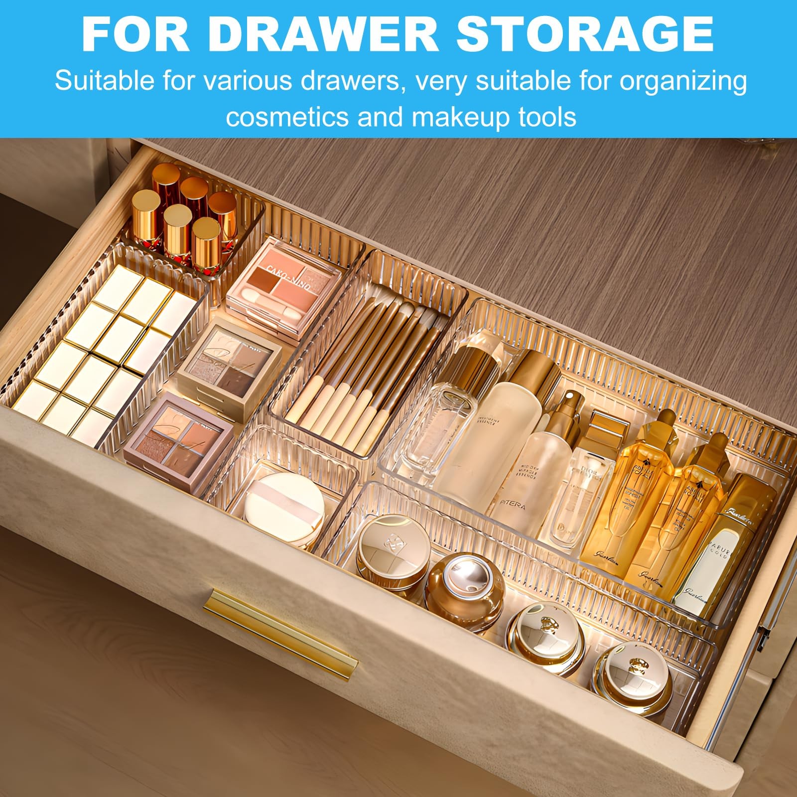 7 PCS Clear 4 Size Stackable Plastic Makeup Drawer Organizer Storage Bins