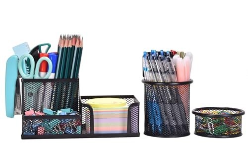 Mesh Desk Organizer Set of 3 – Pen Holder, Sticky Note Holder, Pencil Cup & Pape