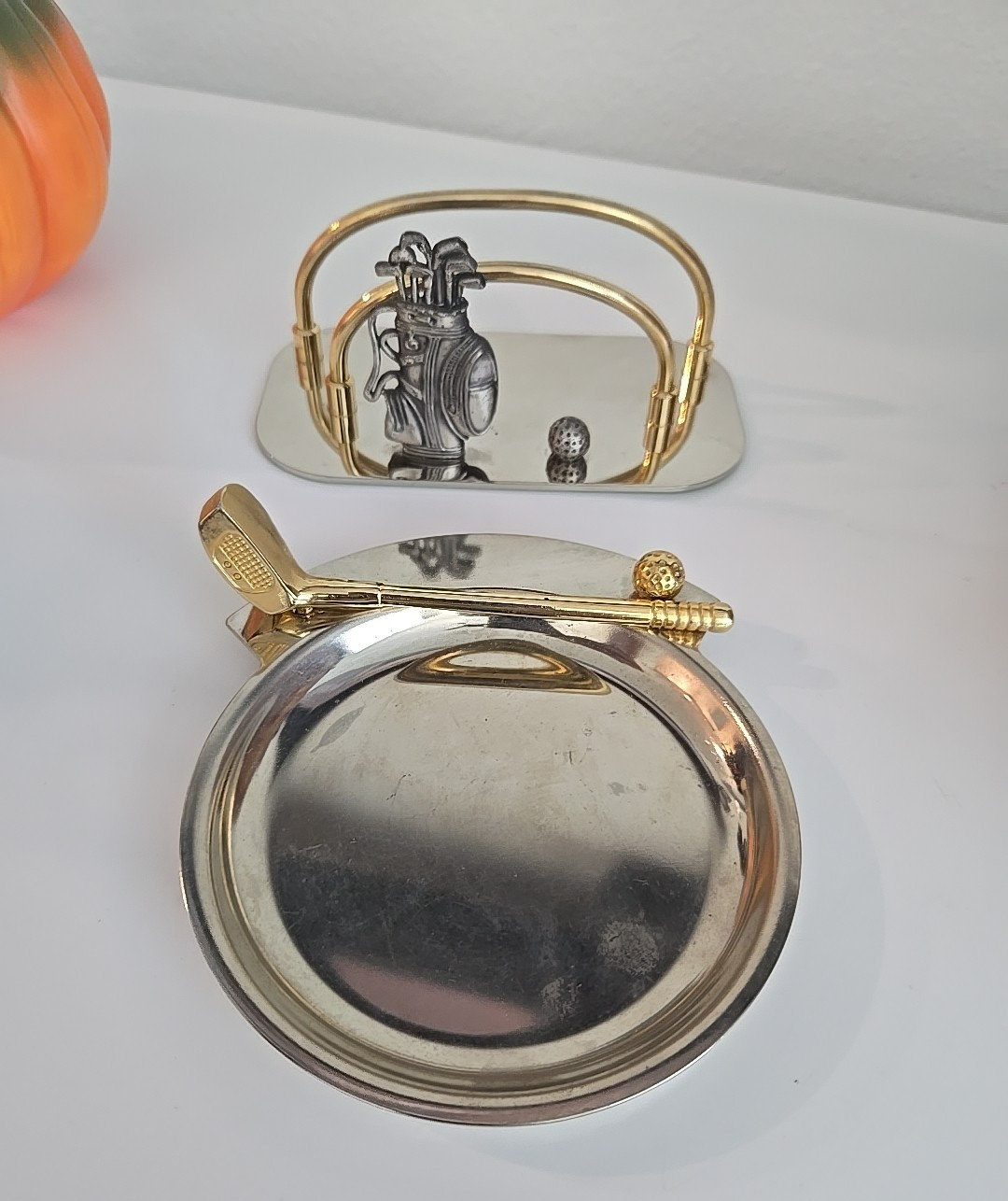 Vintage Desk Set Letter Holder Silver Brass Coin Trinket Dish Golf Bag Club Ball