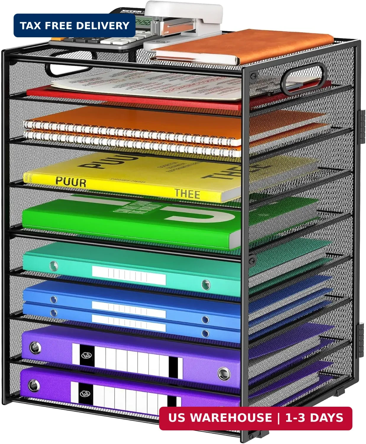 Cawukege 9 Tier Paper Organizer with Handle, Black Large Capacity Desk Organizer