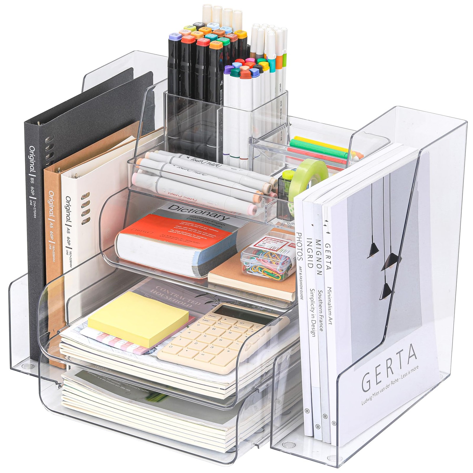 CiWiVOKi Desk Organizer with 2 Vertical File Holder, 4 Tier 6 pc, Clear