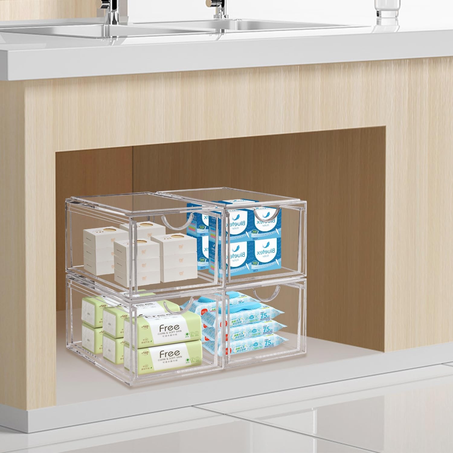 AMEITECH 2 Pack Clear Stackable Storage Drawer, Bathroom Makeup