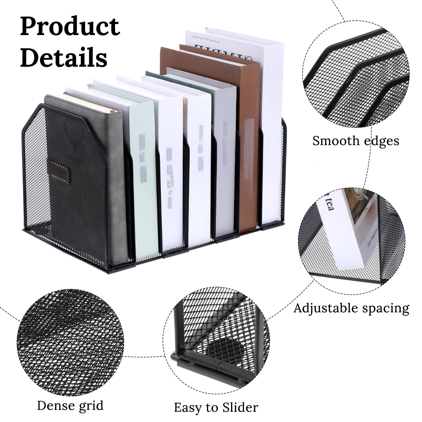 Metal Mesh File Organizer Adjustable 7 Section Vertical Desk Holder Black