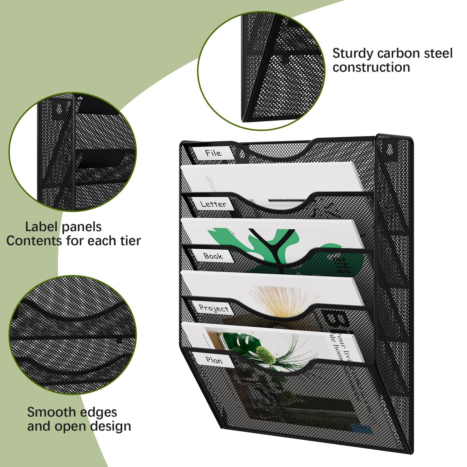 EasyPAG Wall File Organizer 5 Tier Hanging Paper Folder Holder, 5 Tier, Black