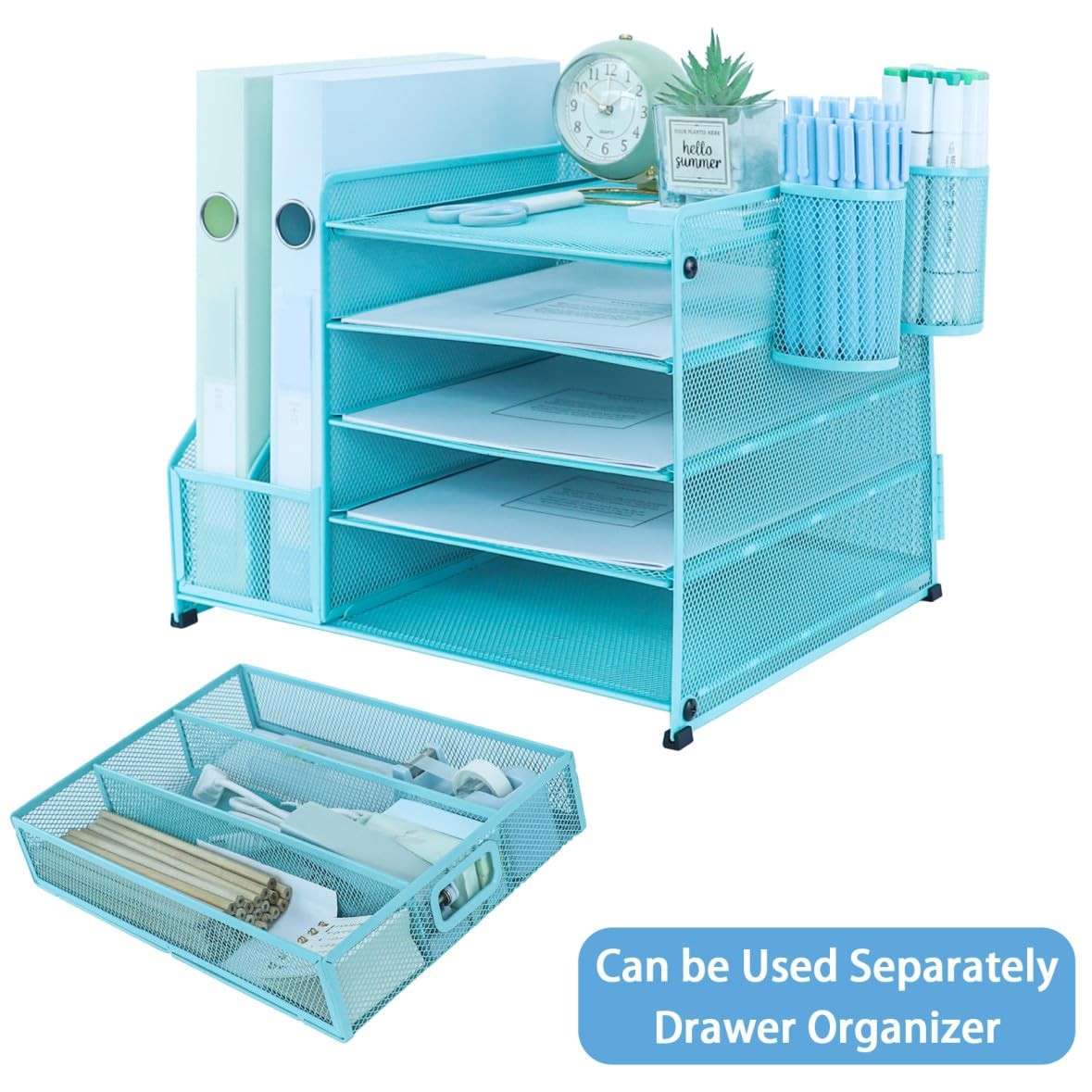 5 Tier Desk Organizer File Holder 2 Pen Holder Letter Tray Drawer Sky Blue