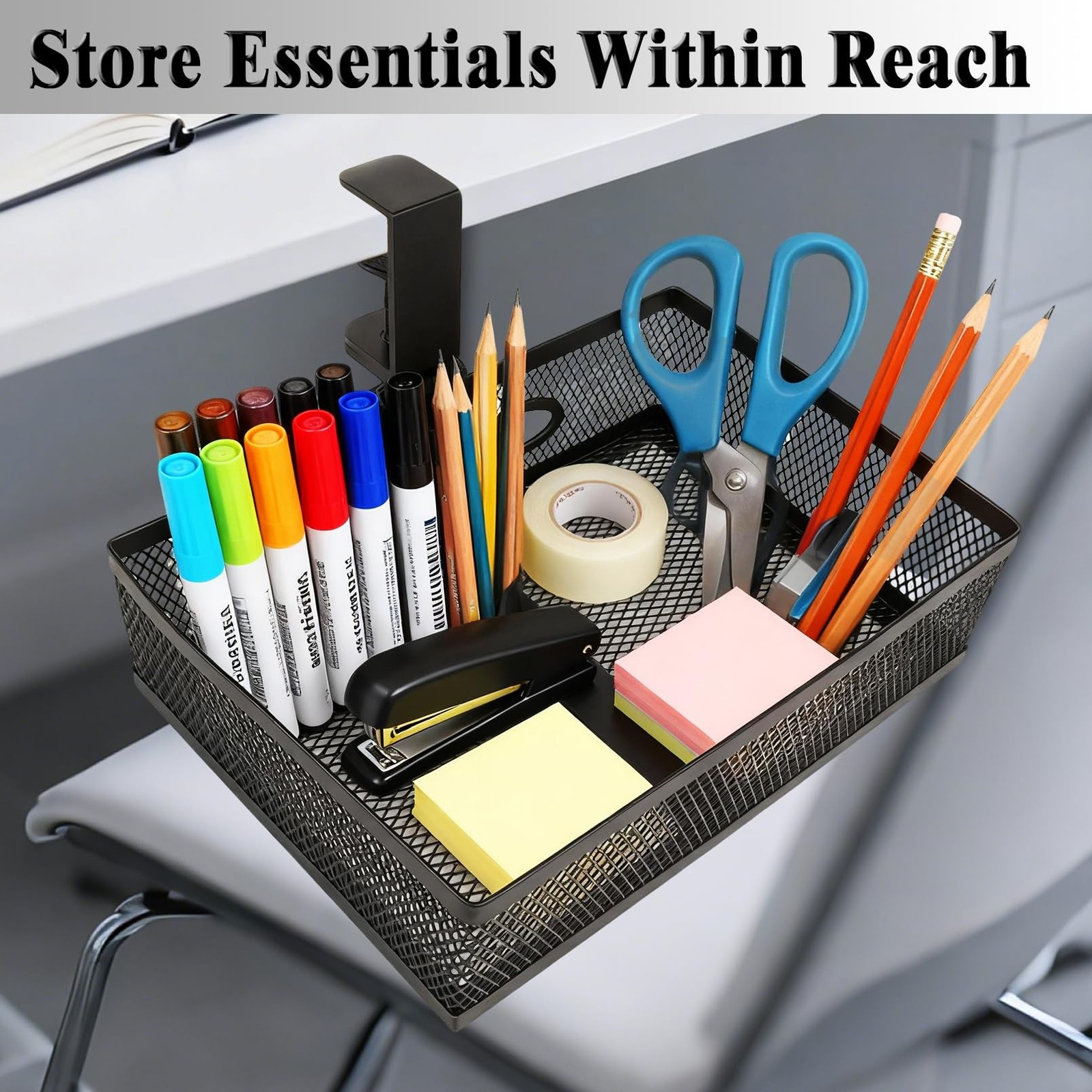 360° Swivel Under Desk Drawer Organizer, Clamp~On Mesh Storage