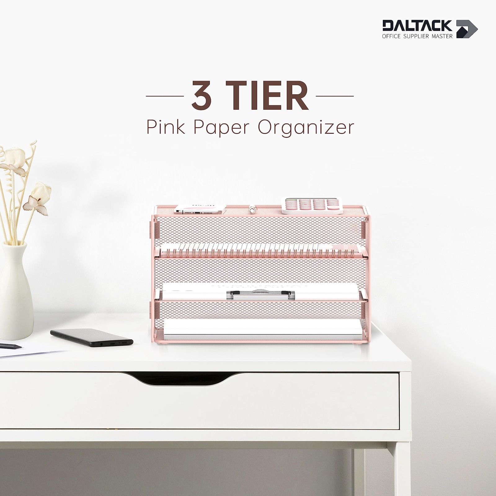 3 Tier Letter Tray Paper Organizer Mesh Metal Desk File Home Office Pink
