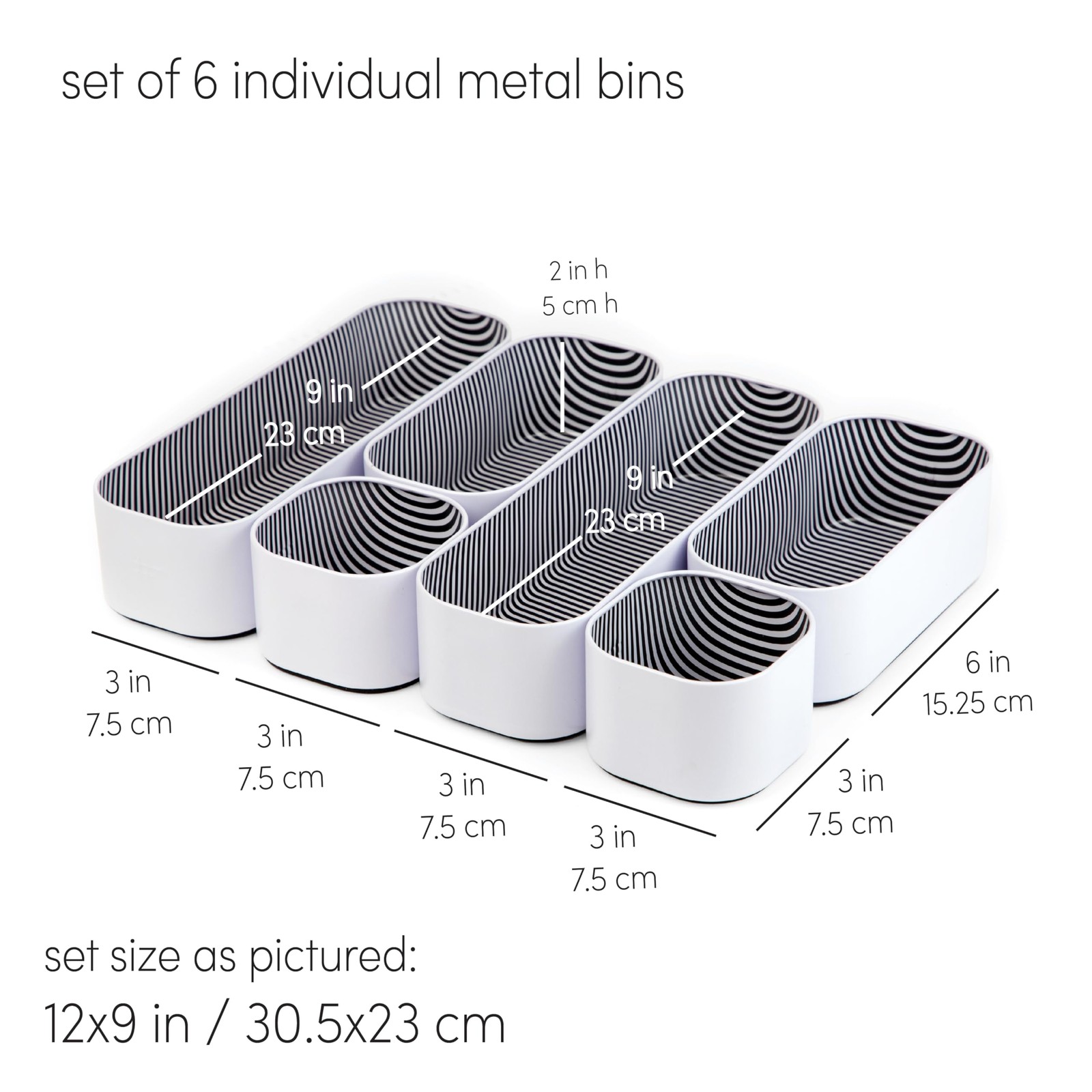 Three by Seattle 6 Piece Metal Organizer Tray 6 Pack, Stripes, White