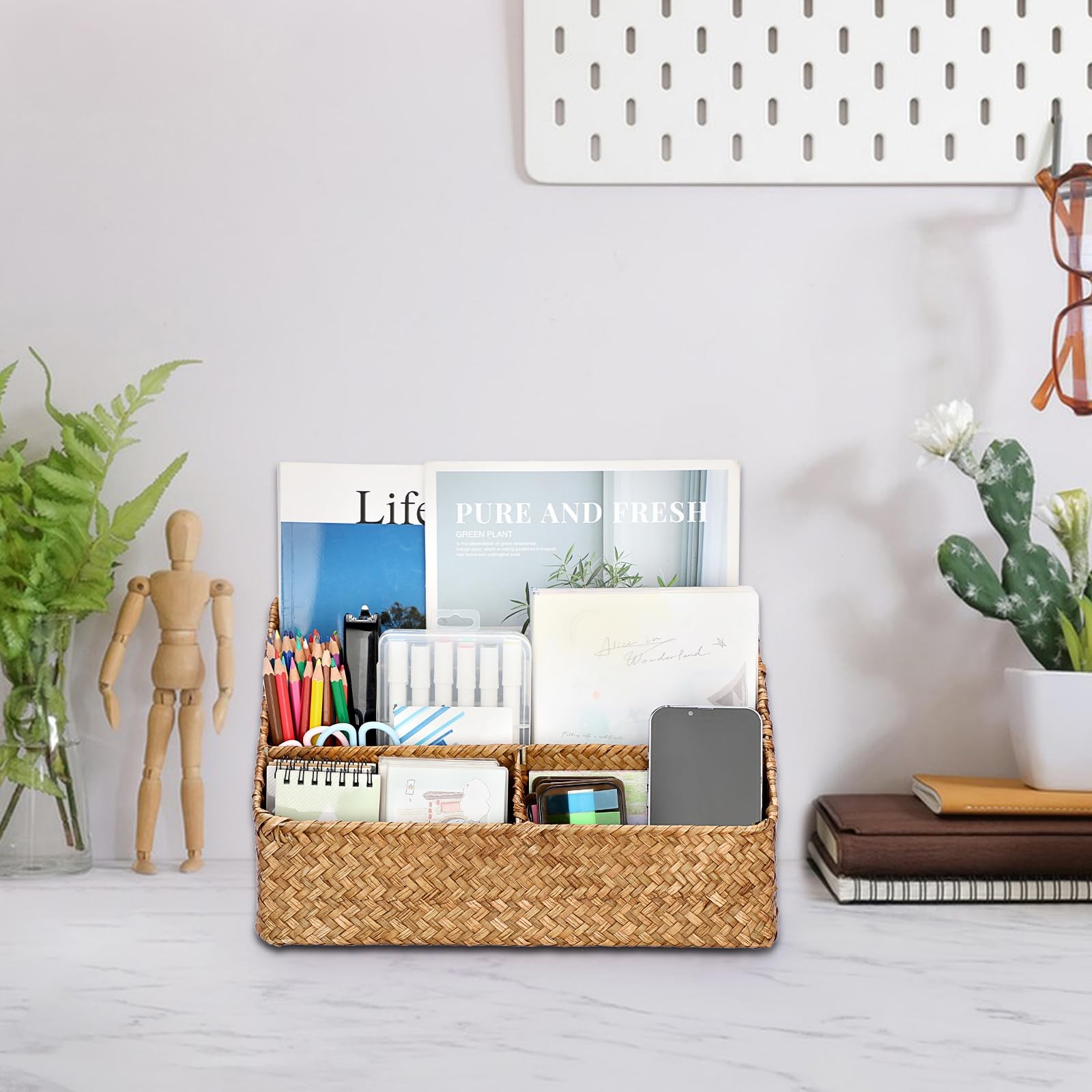 Woven Storage Basket Natural Seagrass Vertical Wicker Storage Baskets With 4 Com