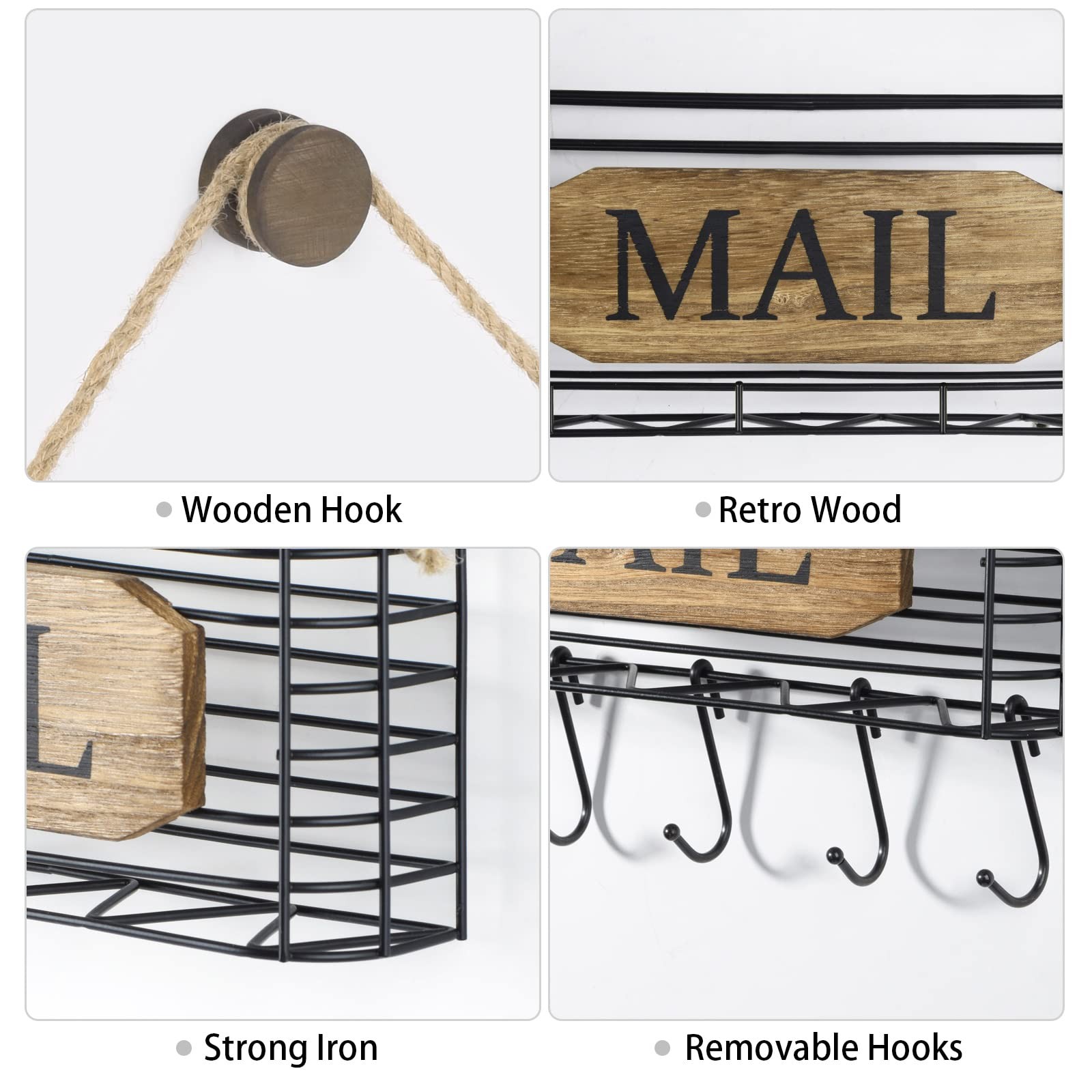 Mail Organizer Wall Mount, Rustic Mail Holder Key Holder for Wall with Hooks, Sm