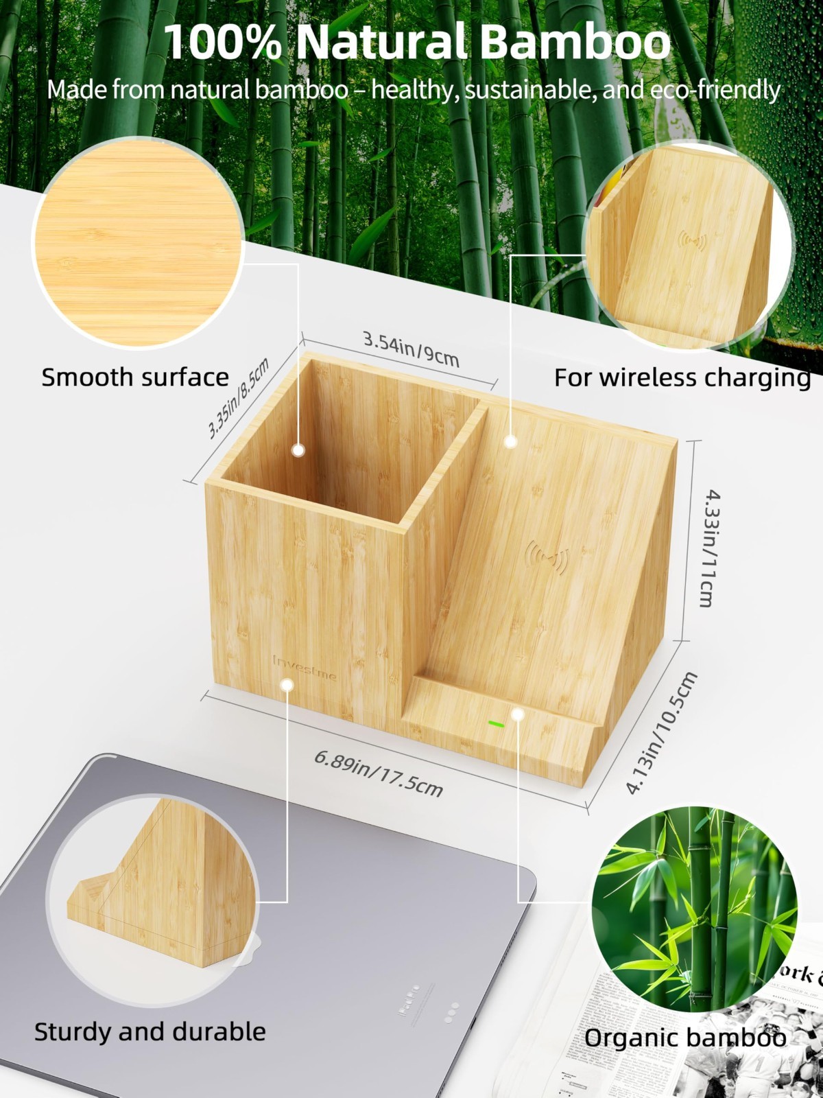 Multifunctional Bamboo Desk Organizer with Wireless Charger & Pen Holder – Fast