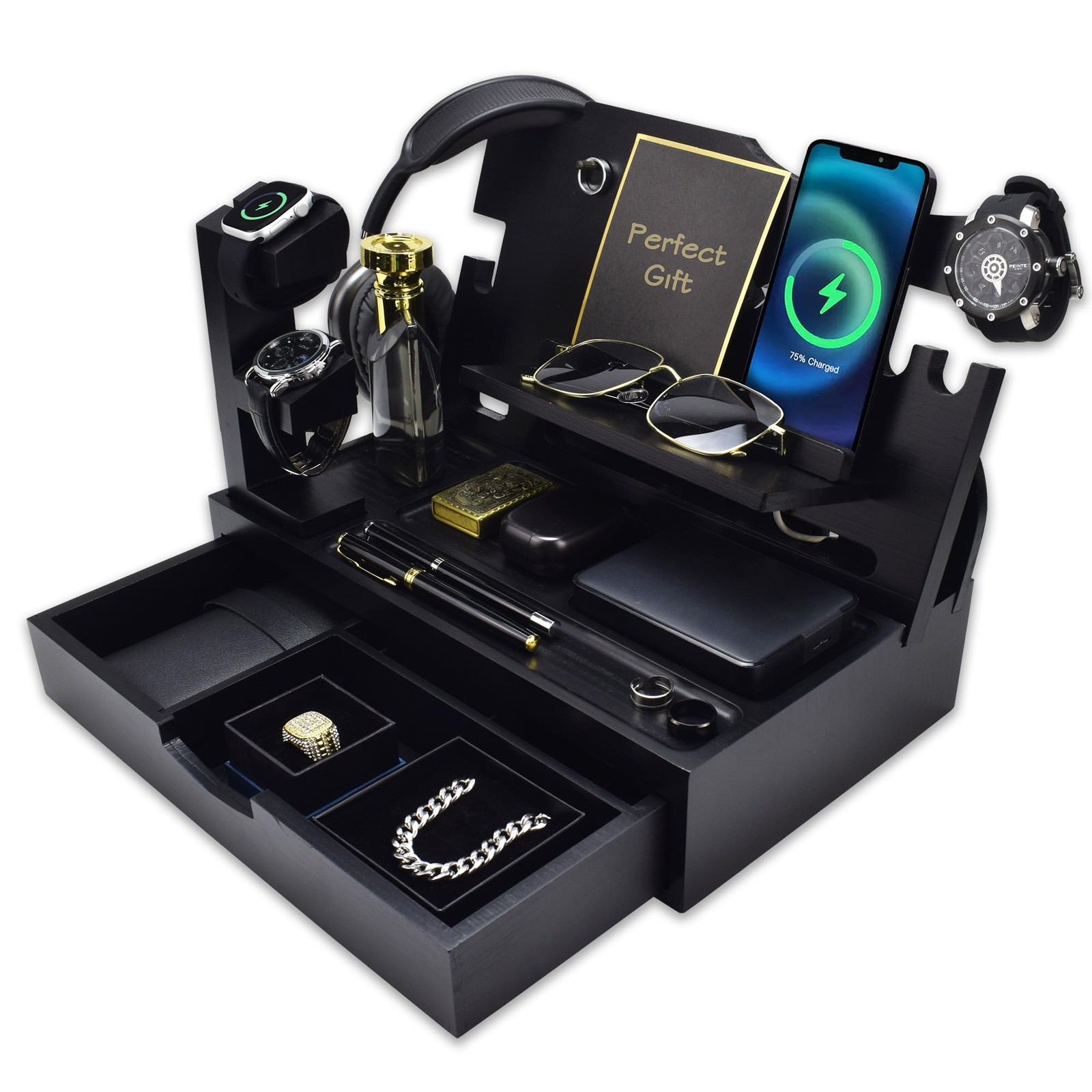 KWYADLUO Nightstand Organizer for Men with Large Drawer, Wood Phone Black