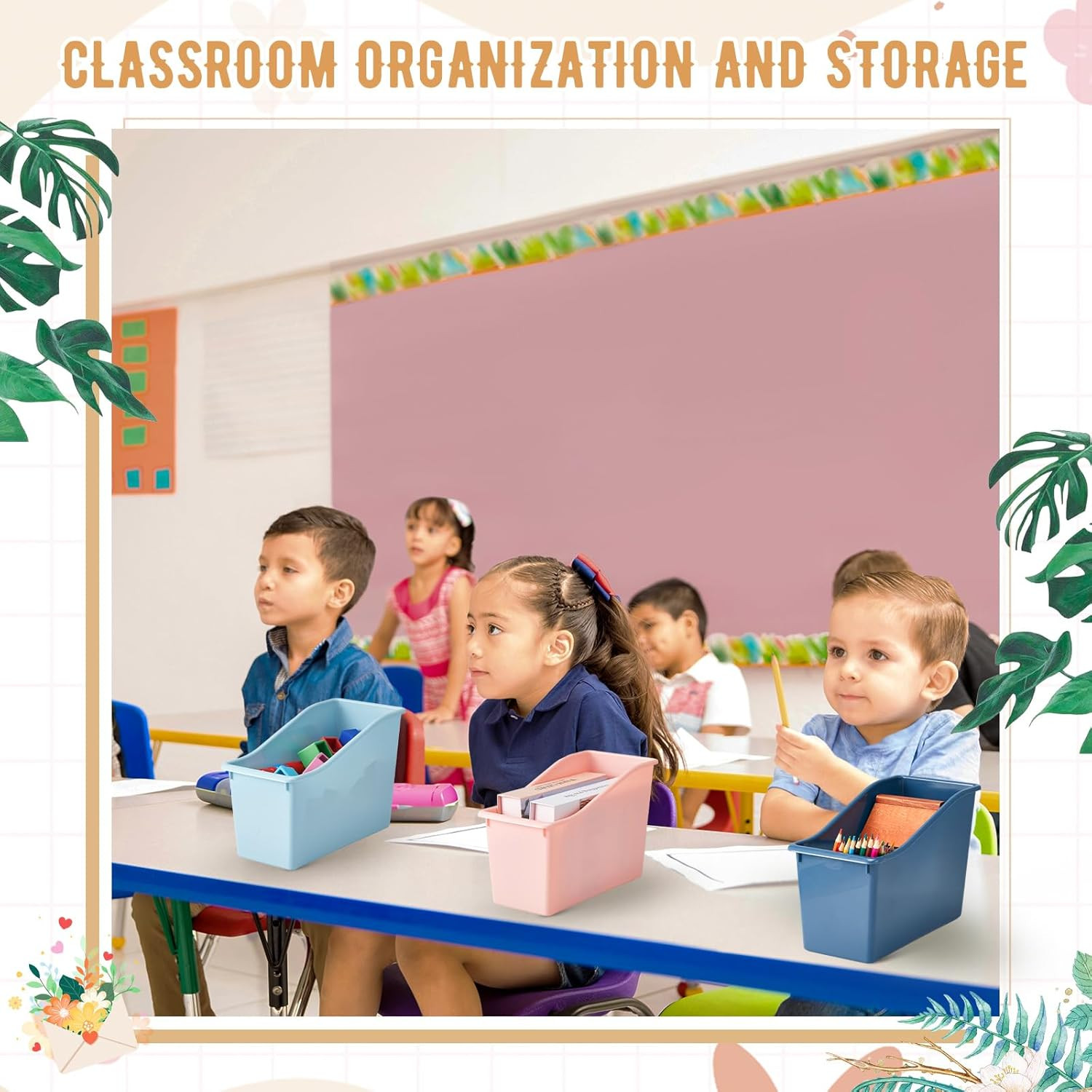 6 Pcs Book Bin for Classroom with Labels Stackable Plastic Organizing Bins 11.5