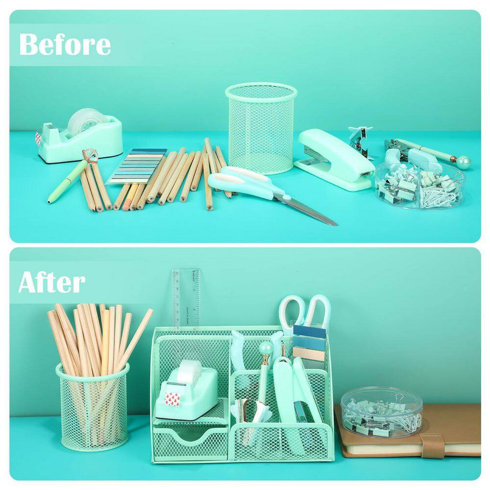 1 Set Green Mesh Desk Organizer with Drawer Teal Office Supply Kit Pen Holder St