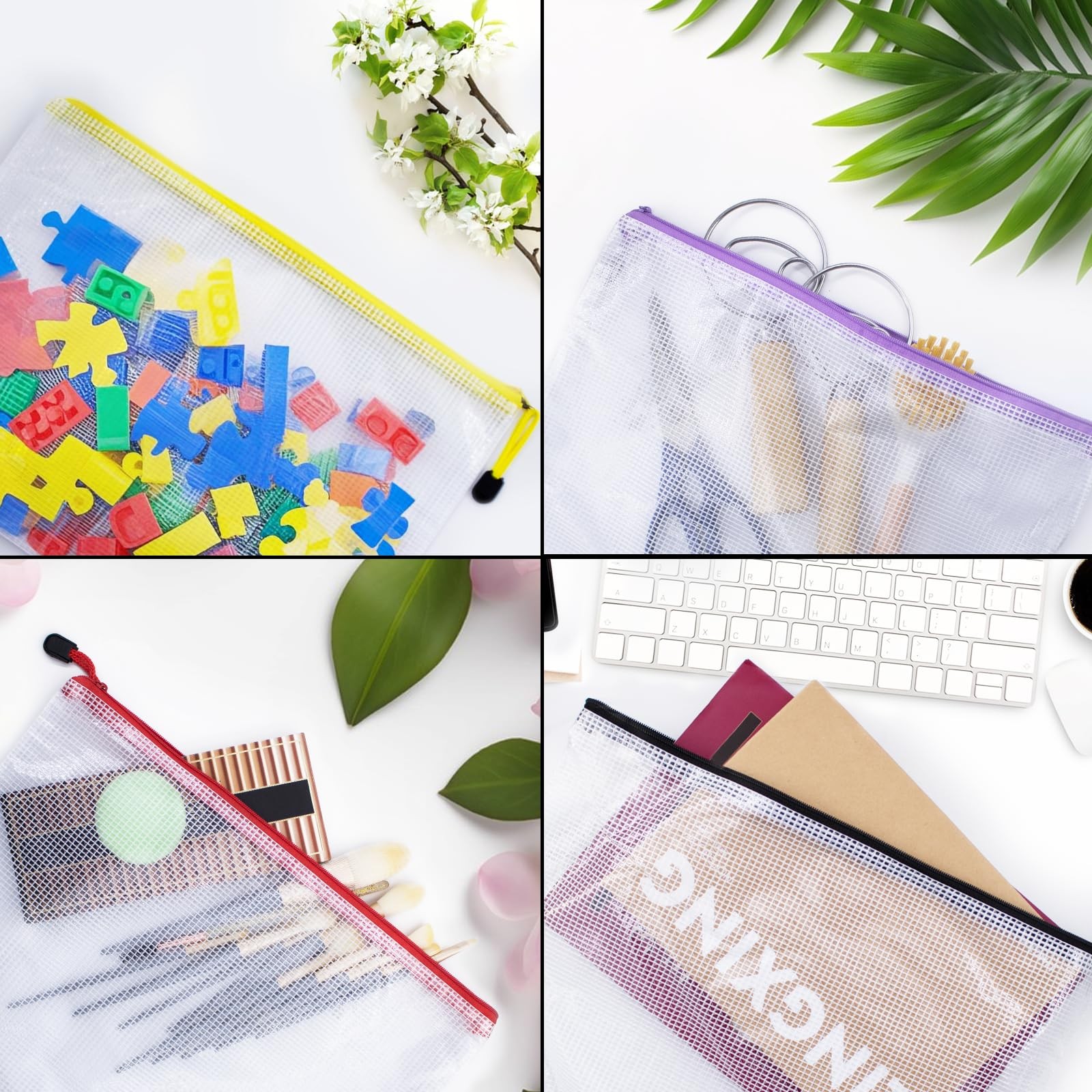 24 PCS Mesh Zipper Pouch Bags A4 Waterproof Plastic Storage Document Folders