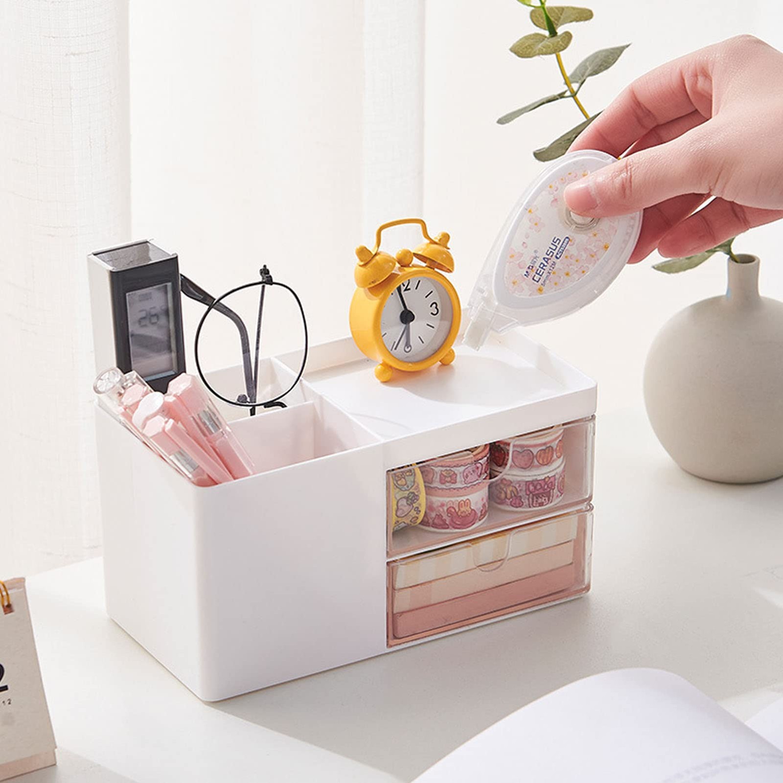 Zyners Small Desk Organizer with Pen Holder and Drawer, Plastic White