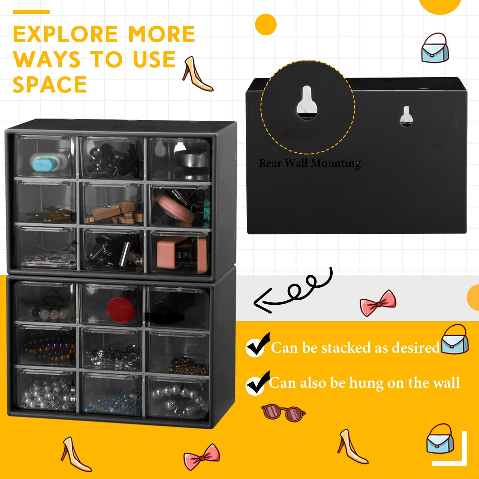 Mini Storage Drawers Teacher Toolbox Craft Organizer 7×3.9×4.7 In Black 2 PCS
