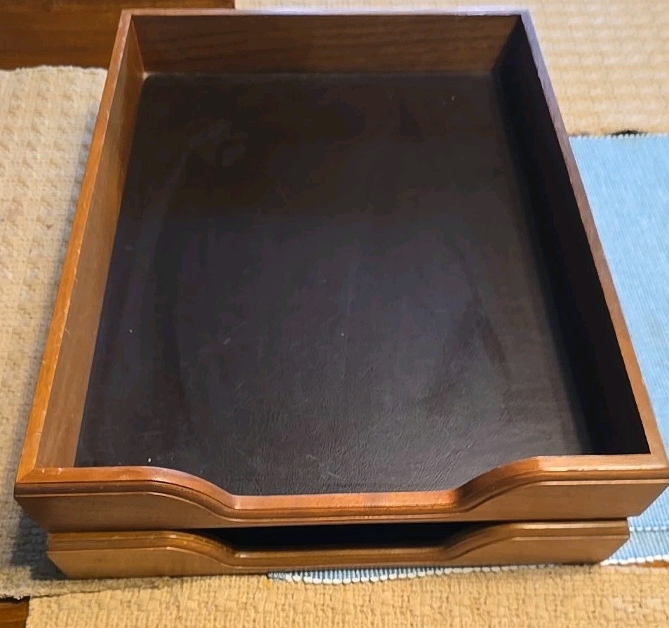 Vtg 1980s Eldon Woodline 2500 Wood/leather Paper Trays