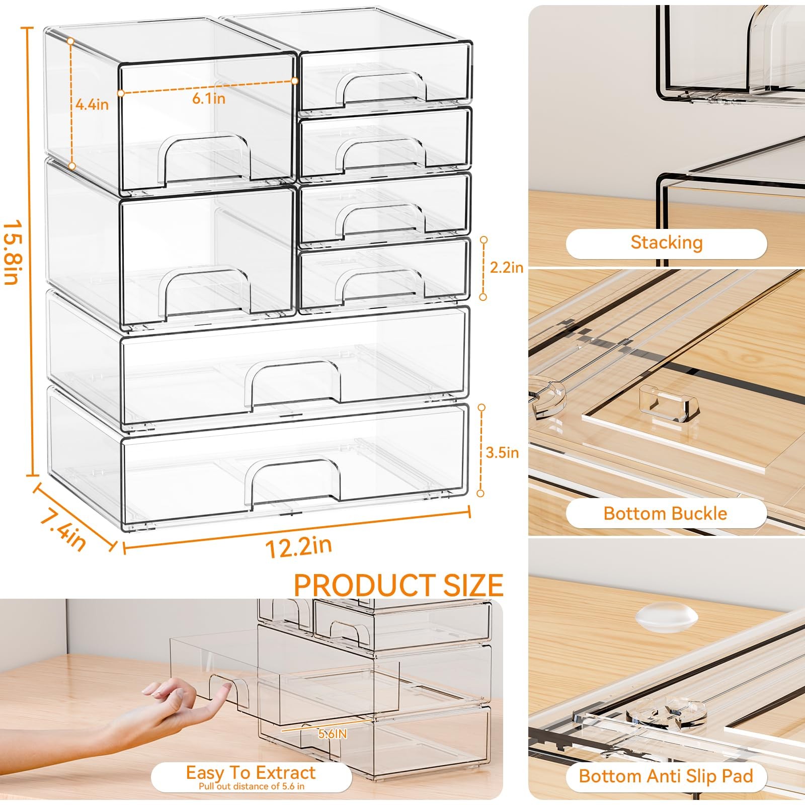 Yieach 8 Pack Clear Stackable Storage Drawers,Acrylic Drawer Large,