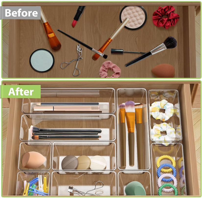 12PCS Clear Drawer Organizer Tray Set Plastic Storage Bins Desk Kitchen Bathroom