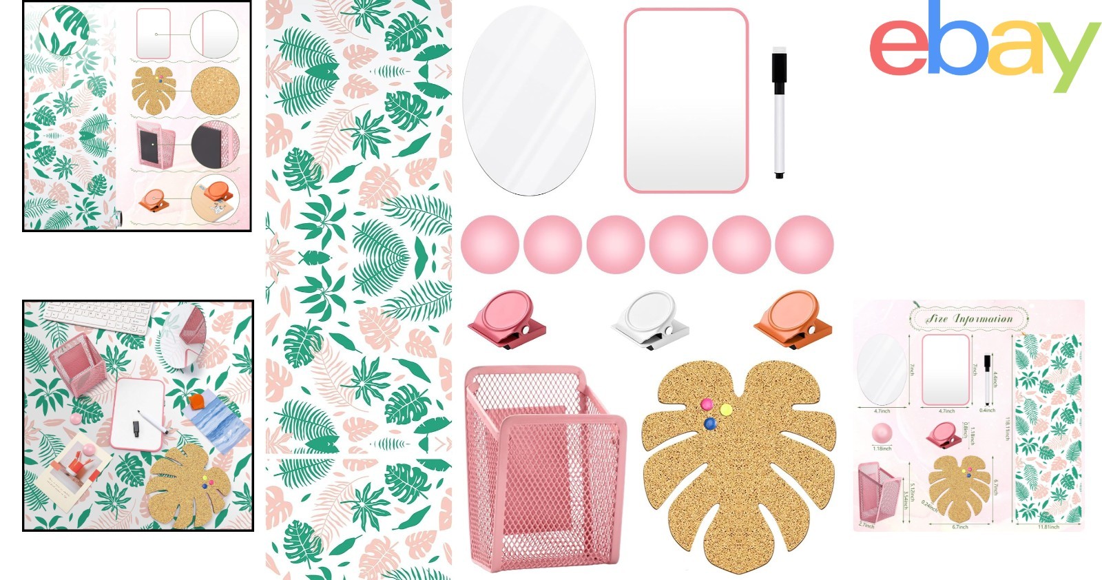 School Locker Organizer Set with Palm Leaf Wallpaper and Magnetic Accessories