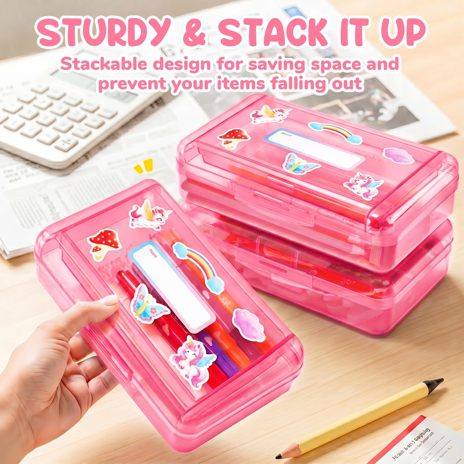 Double Layer Pencil Box, Hard Plastic Case with Latch, Large Art Storage Orga…