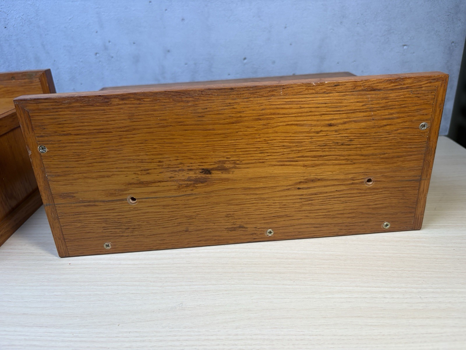 2 Vintage Scandinavian-style wooden shelf small desk organizer Brass Knob Oak