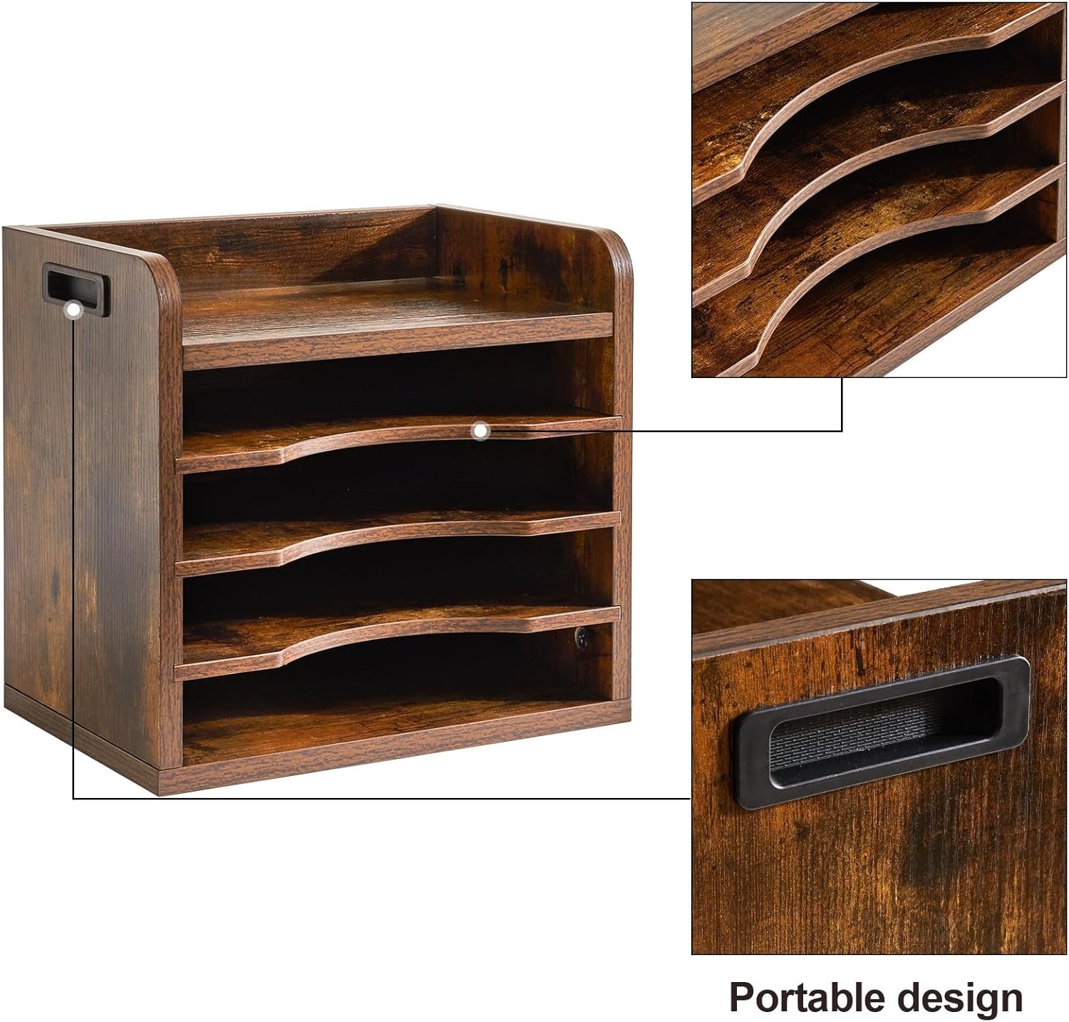Rustic Brown Adjustable Paper Holder – 5 Tiers with Portable Handle for Offices