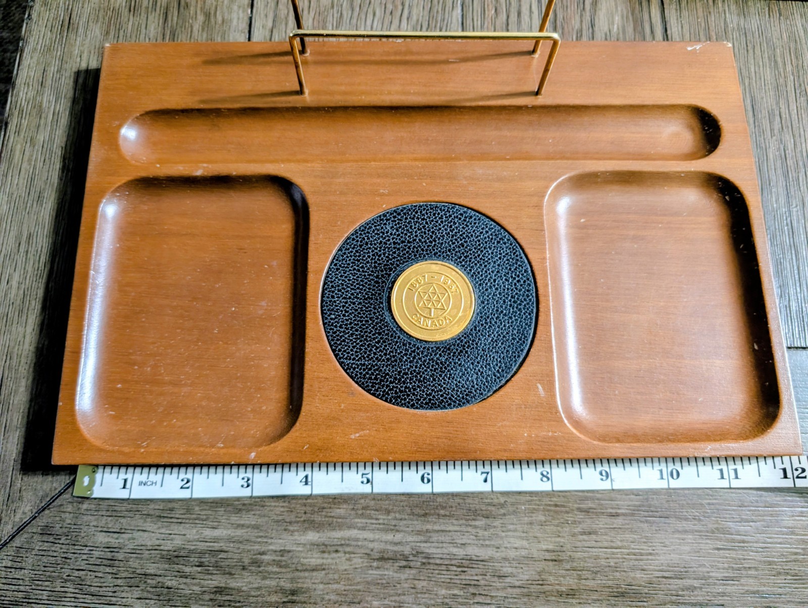 Vintage Wood Mens Desk Top Organizer 1967. Canada 1867-1967 Centennial Coin